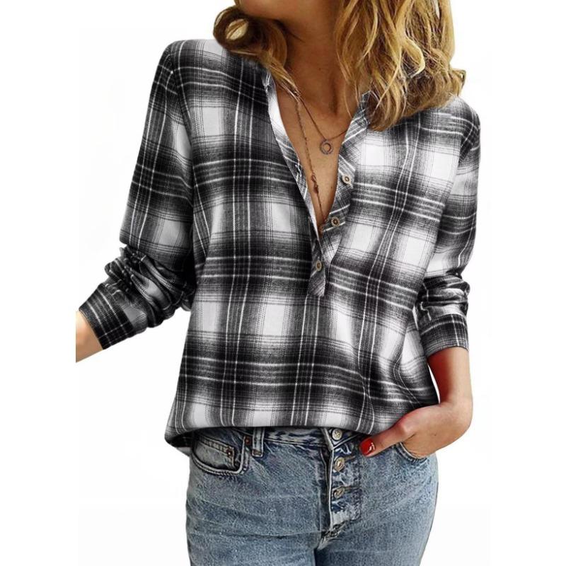 Women S V Neck Plaid Long Sleeve Casual Shirt