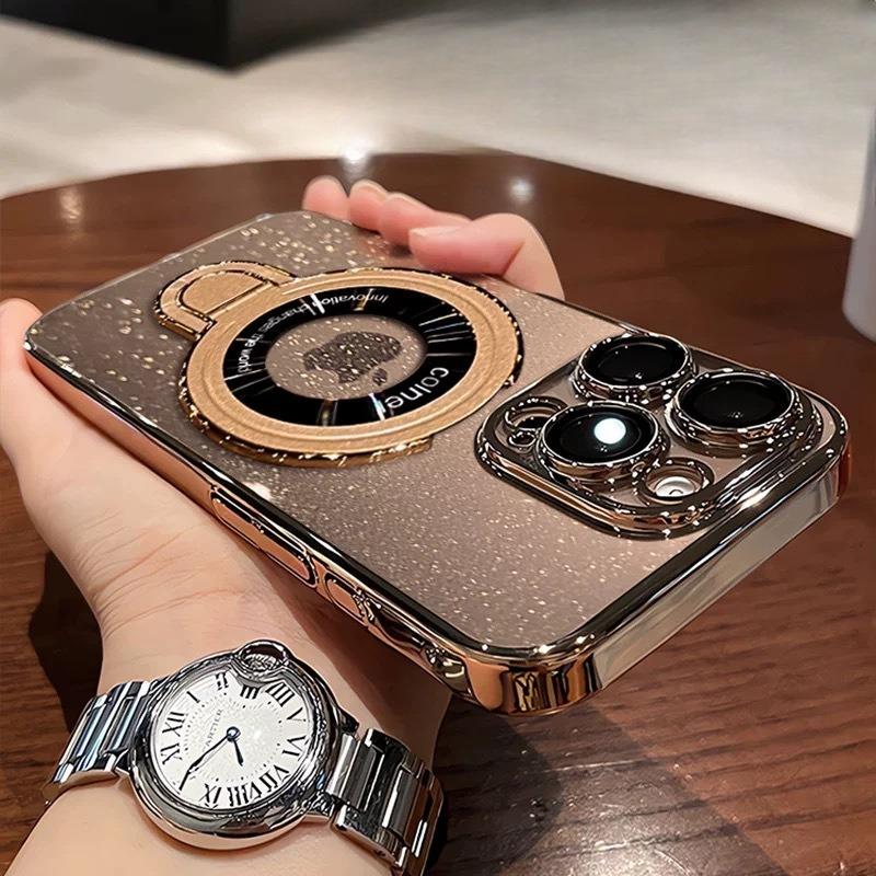 Applicable To IPhone17 Plating Flash Powder Leakage Mark Magnetic Suction Bracket Mobile Phone Case Apple 16pro Lens Film Protection Case