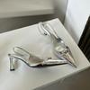 Fashion 2025 Spring New Low Heel Shoes Temperament Small Heel Shoes Pointed High Heels Sandals Female Silver Empty Shoes