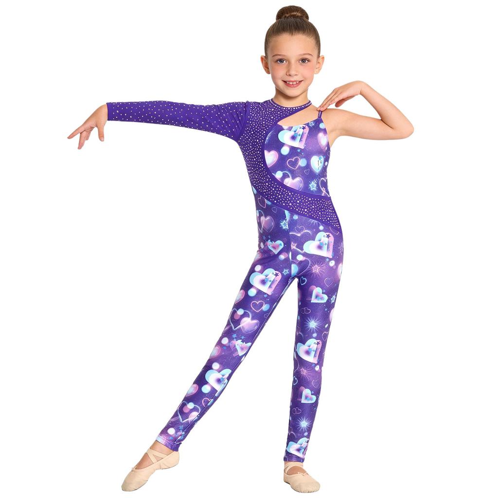 Girls Shiny Rhinestone Printed Gymnastics Jumpsuit Asymmetrical Full Length Bodysuit