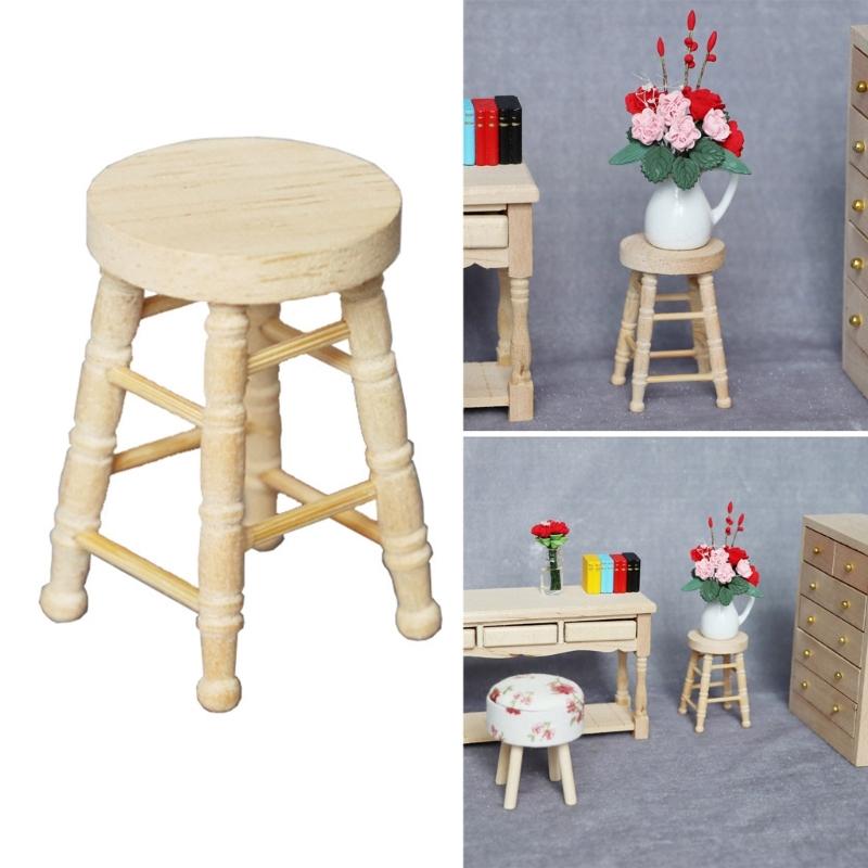 Wood Stool Toy Figure Model Realistic Vintage Realistic Doll House Pretend Girls Gift Vintage Realistic Round Top Stool