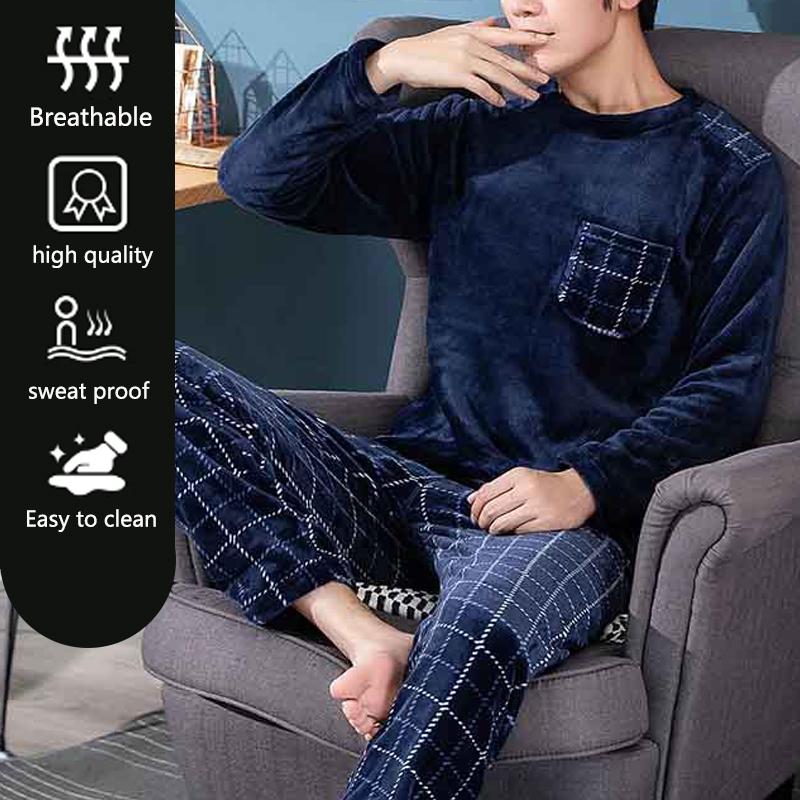 2pcs/Set Fall and Winter Facecloth Men's Pajamas Padded Thickened Warm Long-Sleeved Teenagers Coral Fleece Homewear Boy Clothes