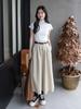 Versatile Washed Cotton Midi Skirt - High Waist, Solid Color, Double Pockets, Slimming A-line for Women, Early Autumn.