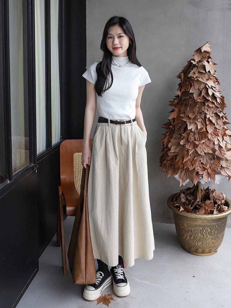 Versatile Washed Cotton Midi Skirt - High Waist, Solid Color, Double Pockets, Slimming A-line for Women, Early Autumn.