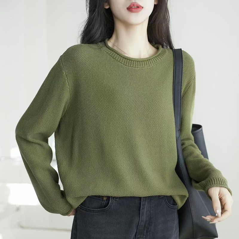 

100% Cotton Delicate Skin-friendly Pure Cotton Knitted Sweater Women Spring and Autumn New Popular Loose Plus size Bottoming Shirt This Year Green XL