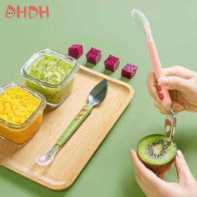 Baby Spoon Fruit Scraping Mud Spoon Feeding Spoon Soft Silicone Spoon Stainless Steel Double Headed Tableware Baby Gadgets