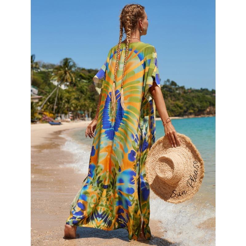 Modă Femei Vară Primăvară Imprimeu Bloc de Culoare Mânecă Scurtă Decolteu în V Talie Lejeră Rochii Casual