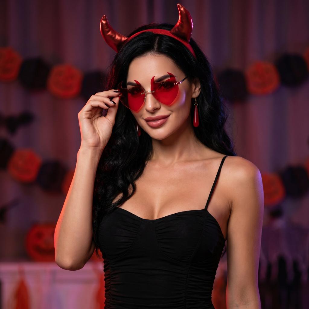 Halloween Devil Costume Accessories Set with Headband, Glasses, Earrings and Tail (0418A)
