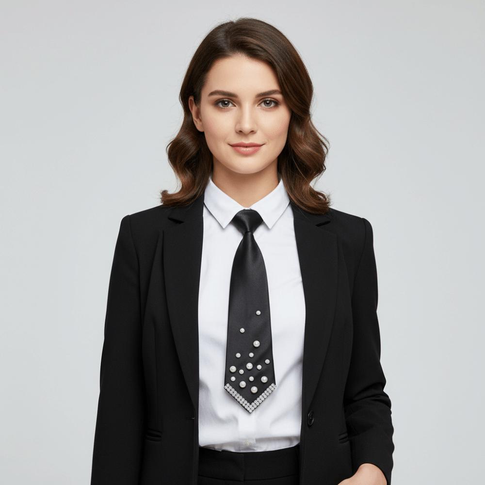 Korean Style Pearls Tie Black Decoration Shirt Tie Hand-beaded Long Necktie  Women