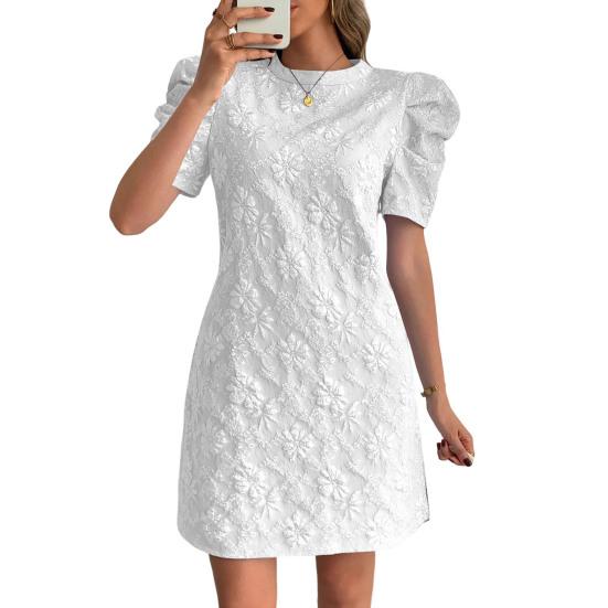 Women's Textured Jacquard Dress Crewneck Short Puff Sleeve A-line Dress Summer Floral Mini Dresses