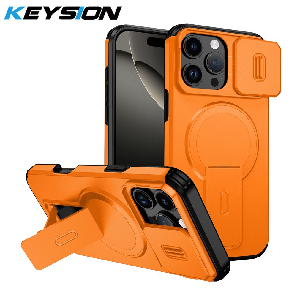 KEYSION Shockproof Magnetic Case for iPhone 16 Pro 16 Pro Max Slide Camera Protect Kickstand Wireless Charging Phone Back Cover