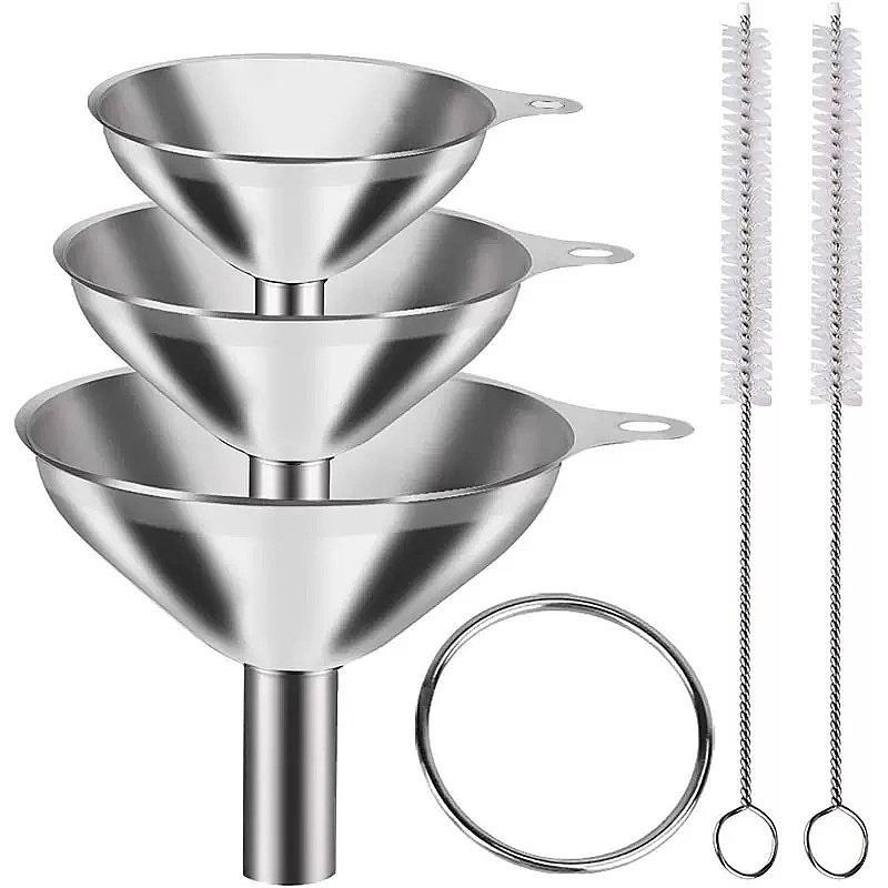 Stainless Steel Funnel Three Piece Set With Brush Mini Funnel Oil Funnel Wine Funnel Integrated Liquid Dispenser