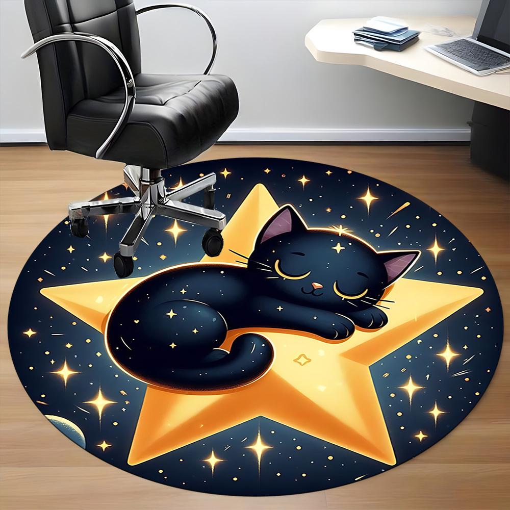 1pc Starry Night Cat Office Round Area Rug, Under Office Chairs Bedroom Living Room Home Decor, Room Deco
