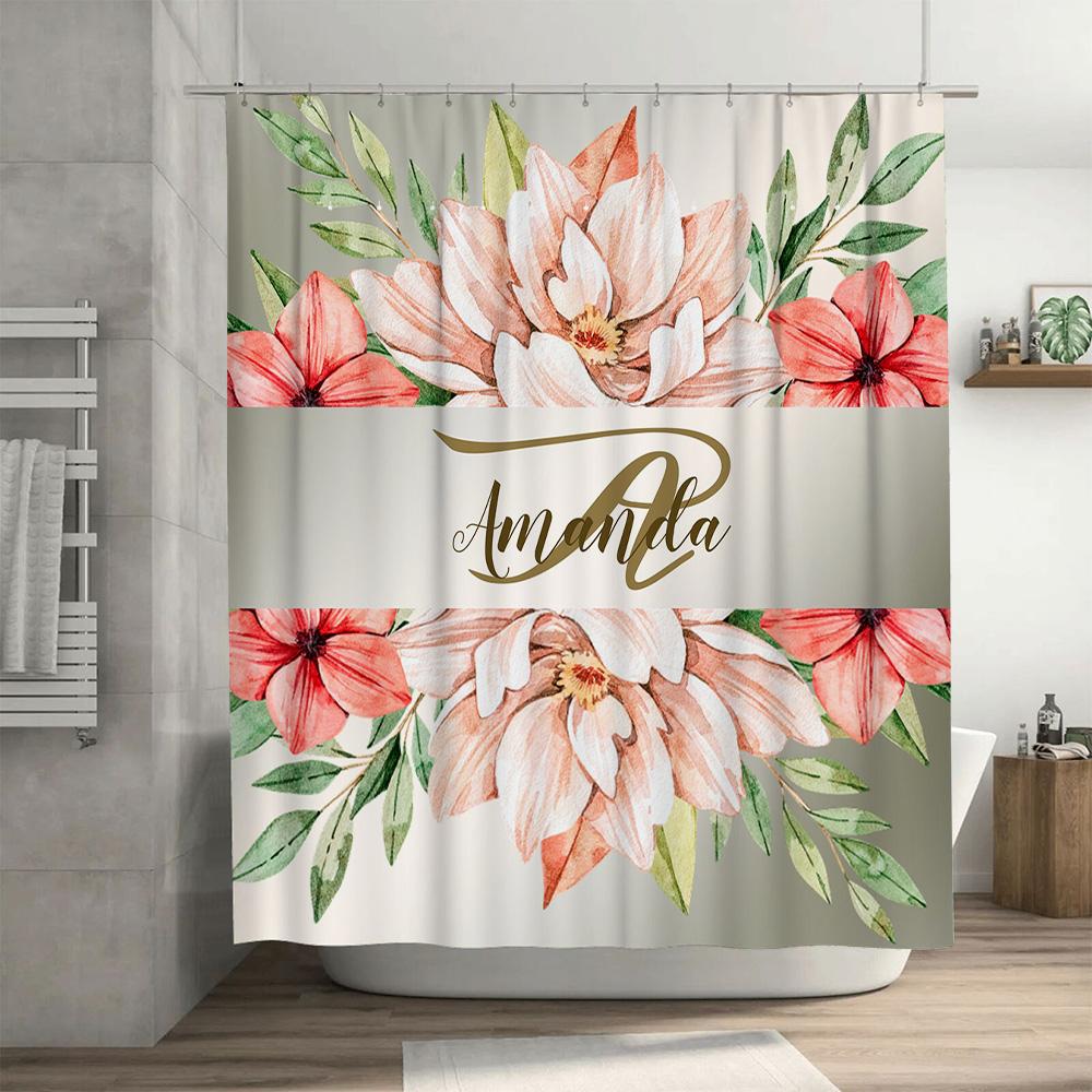 Watercolor Floral Personalized Name Bath Shower Curtain Set Decor