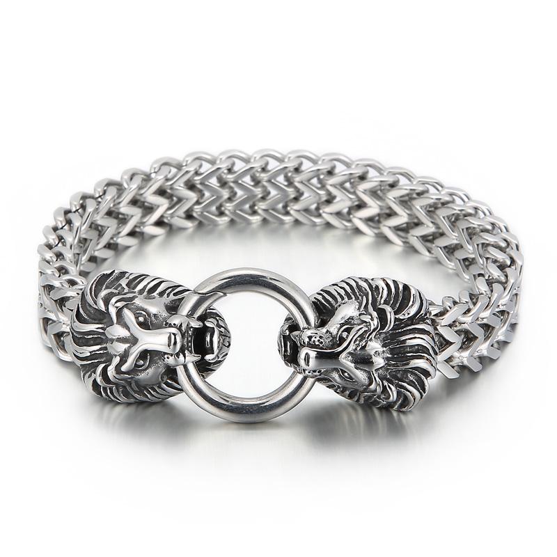 KALEN 230mm Men Punk Stainless Steel Herringbone Bracelet With Lion Head Charms Clasp 22 CM&Punk