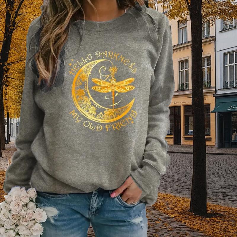 

Autumn&Spring Clothing Golden Moon & Dragonfly Print Sweater Tops for Women Round Neck Long Sleeve 8XL сірий