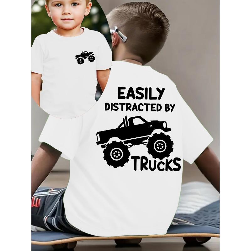 Boys Double-Sided Print EASILY DISTRACTED BY TRUCKS Cartoon Truck Crewneck Short Sleeve Tee 110