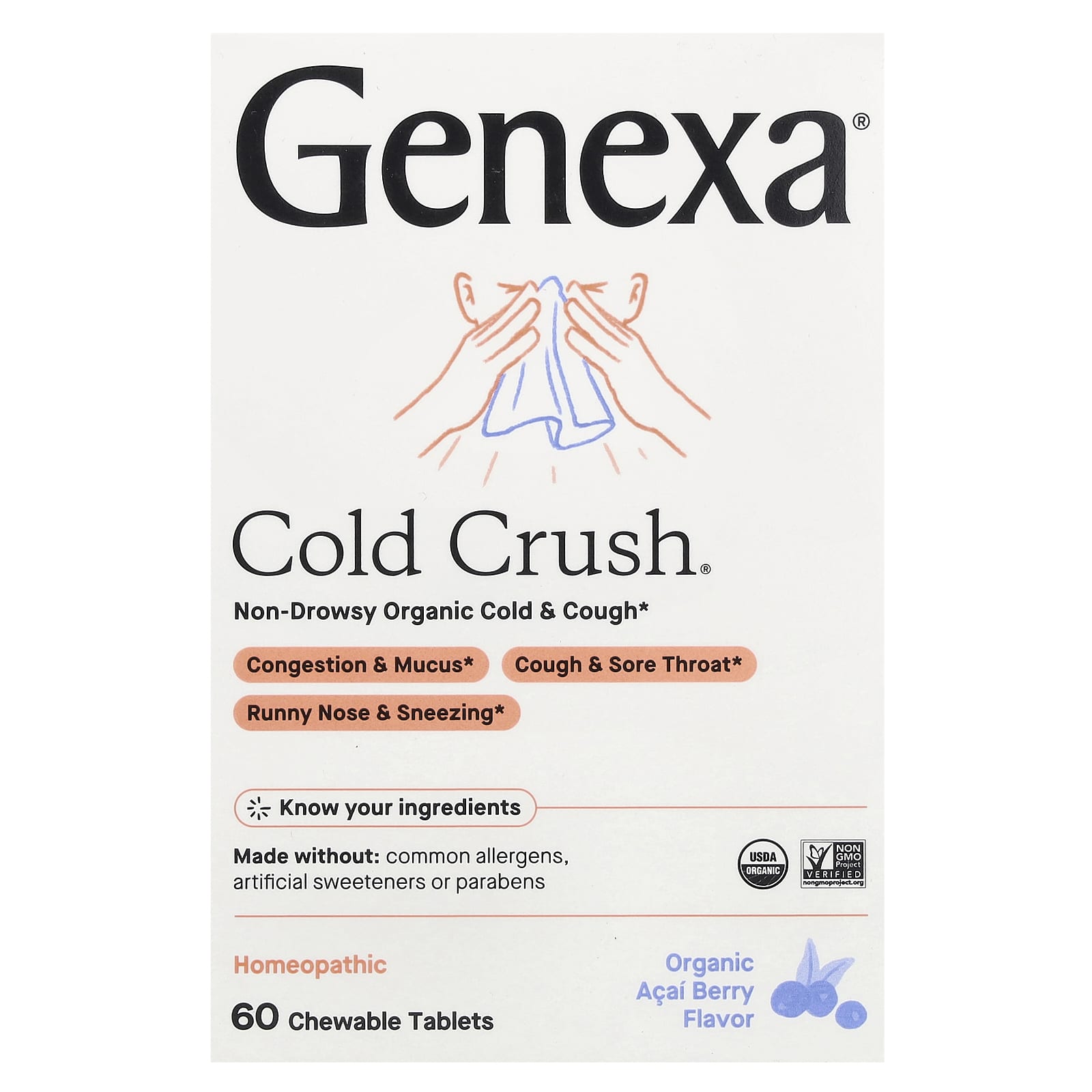 

Cold Cush®, Organic Cold & Cough, Non-Drowsy, Organic Acai Berry Flavor, 60 Chewable Tablets