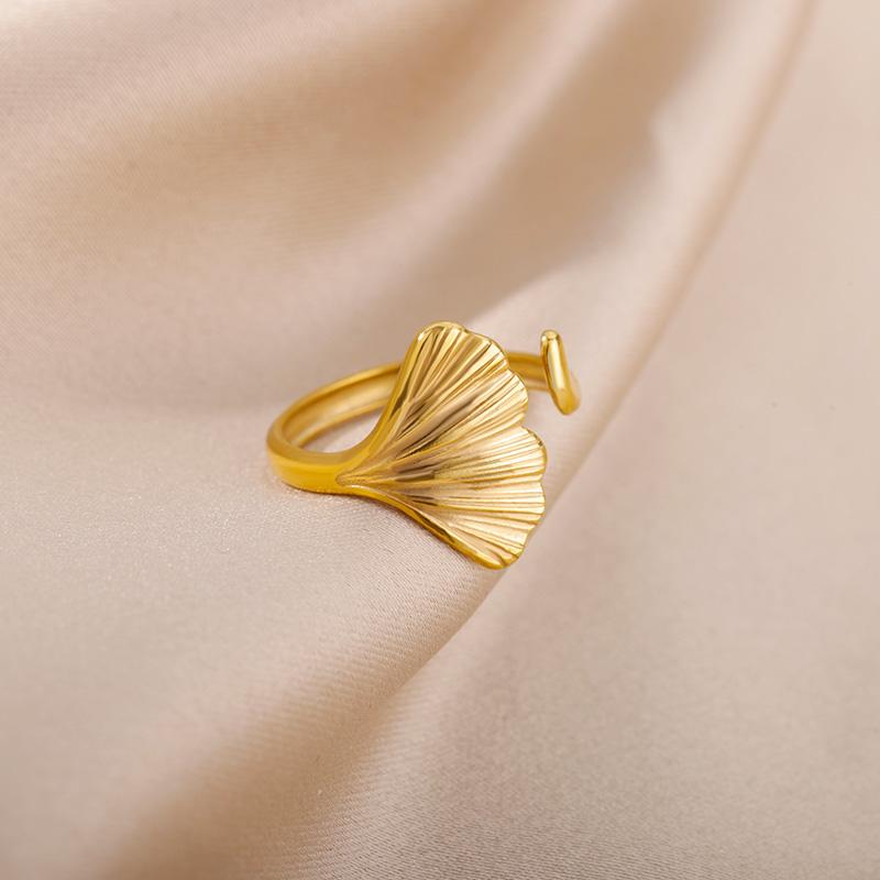 Vintage Ginkgo Leaf Rings For Women Stainless Steel Adjustable Open Finger Ring 2024 New Wedding Aesthetic Jewerly anillos mujer
