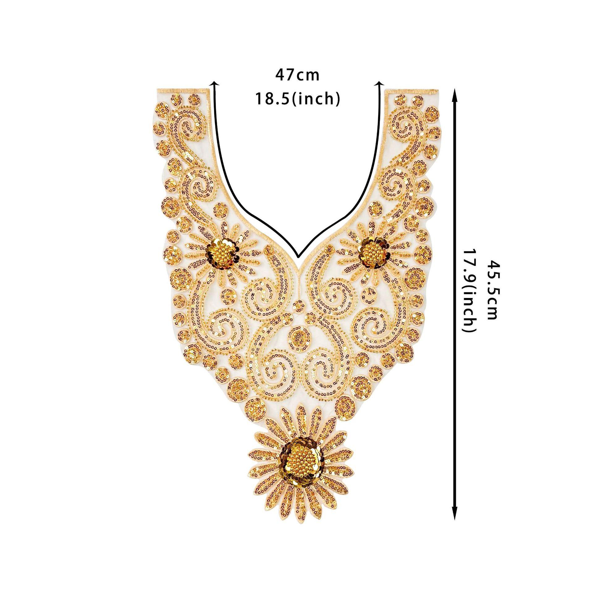 

Золото Тяжелая промышленность Сетка Бисер Пайетки Вышивка Нашивка Аксессуары Платье Одежда для выступлений Декоративные Наклейки из ткани для переднего воротника Аксессуары H6119