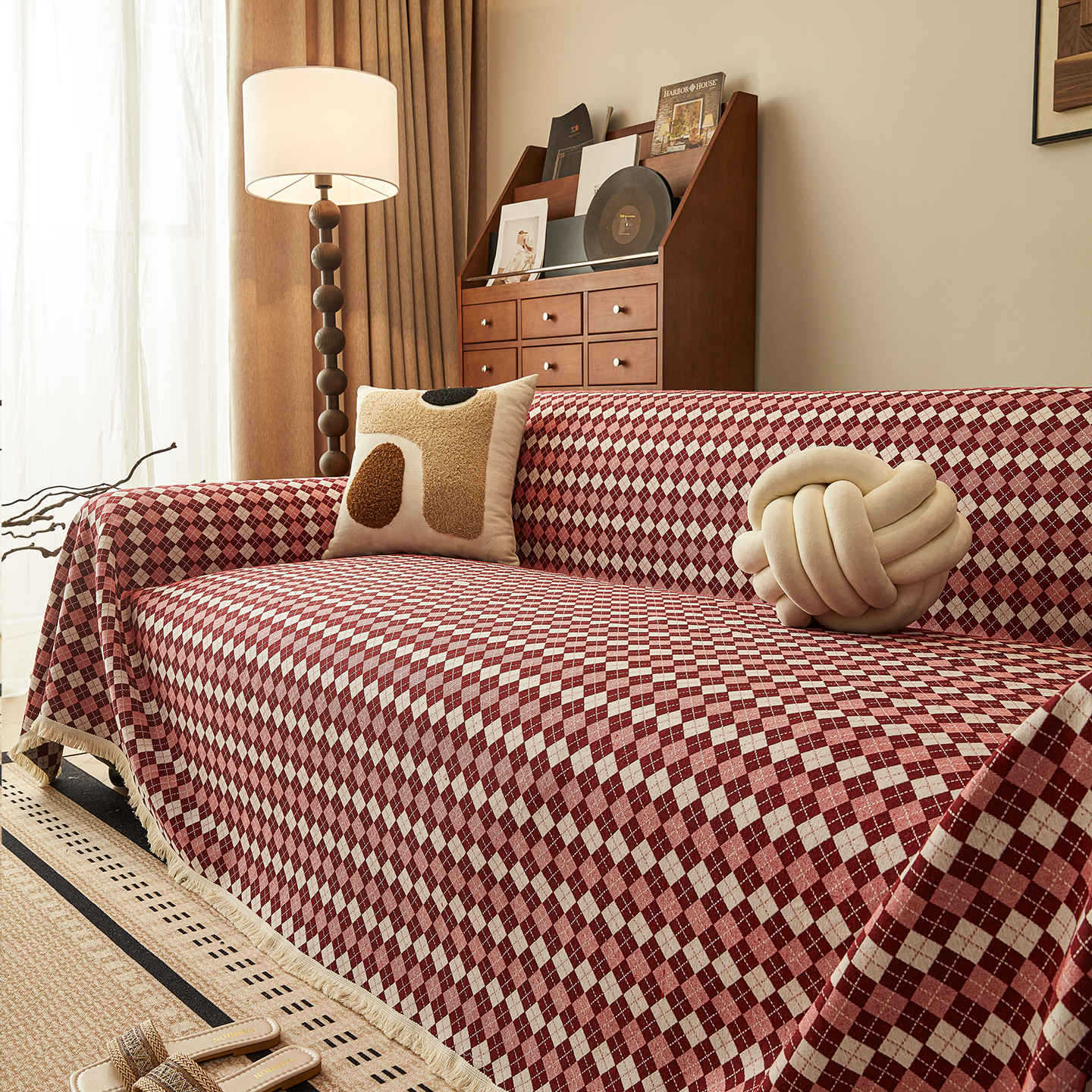 Bohemian Cotton Linen Sofa Cover Cat Scratch Proof Couch Slipcover 90*90cm (commonly used for small square tables)