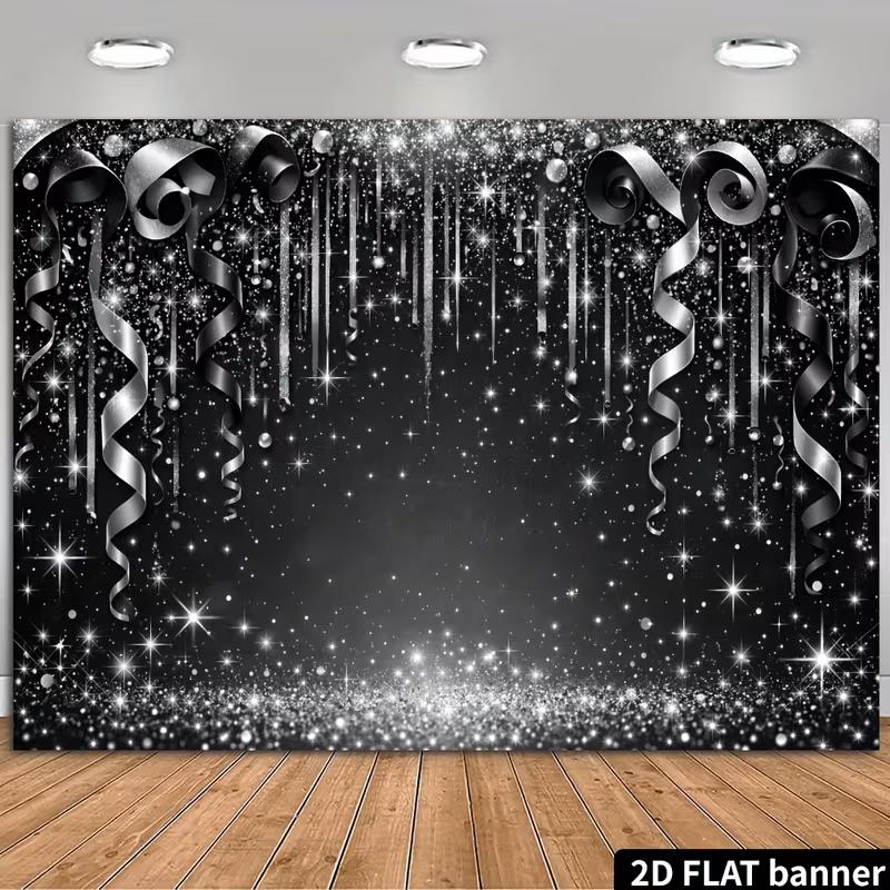 2D Schwarz Silber Glitzerband Hintergrund Neujahr Geburtstagsparty Dekoration Banner