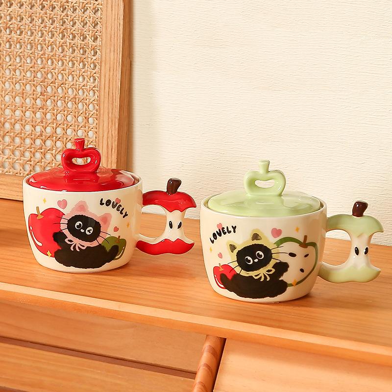 Jablečná kočka s víčkem Roztomilý kreslený Vysoká hodnota Velká kapacita Keramický hrnek Malý dárek Sada hrnků