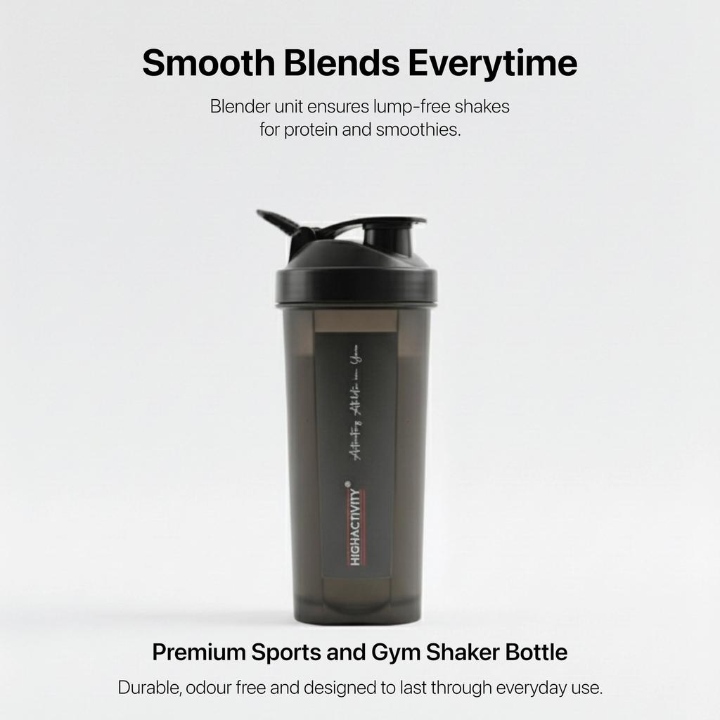 High Activity- Plastic Gym Shaker Bottle, Leakproof Sipper Bottle Ideal for Protein, Preworkout and Bcaas, BPA-Free Material, 700 ML (Phantom Black)
