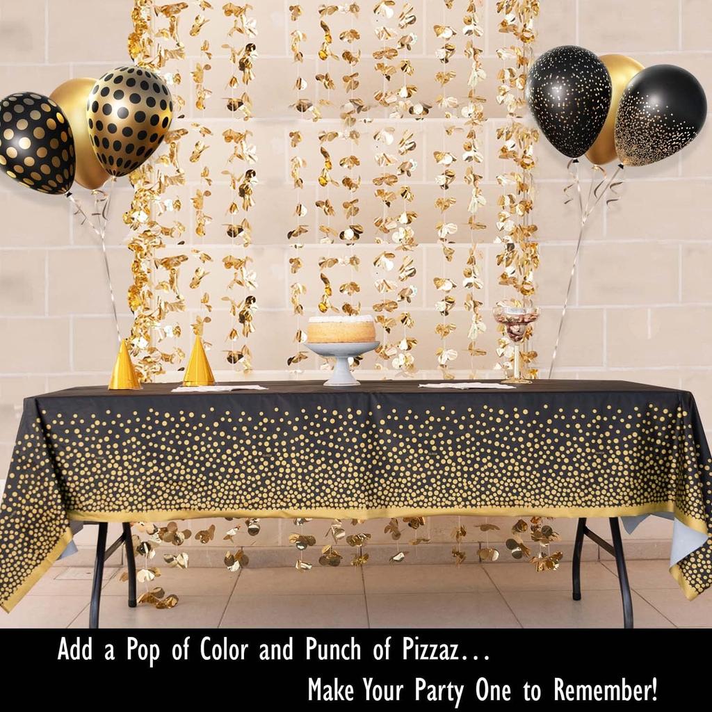 2 Pack Premium Black and Gold Plastic Tablecloths – Thick, Durable, Reble Table Covers (54 x 108 in) – Disposable Party Tablecloths for Birthday,