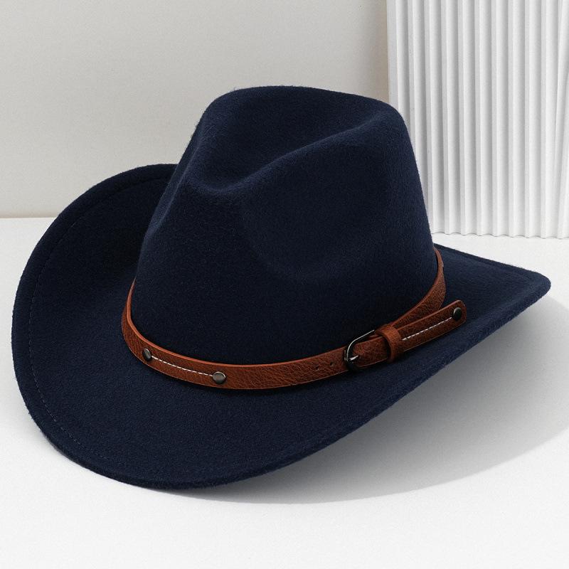Western Cowboy Hat Men's and Women's Felt Top Hat Metal Rivet Leather Square Buckle Belt Hat Party Jazz Hat