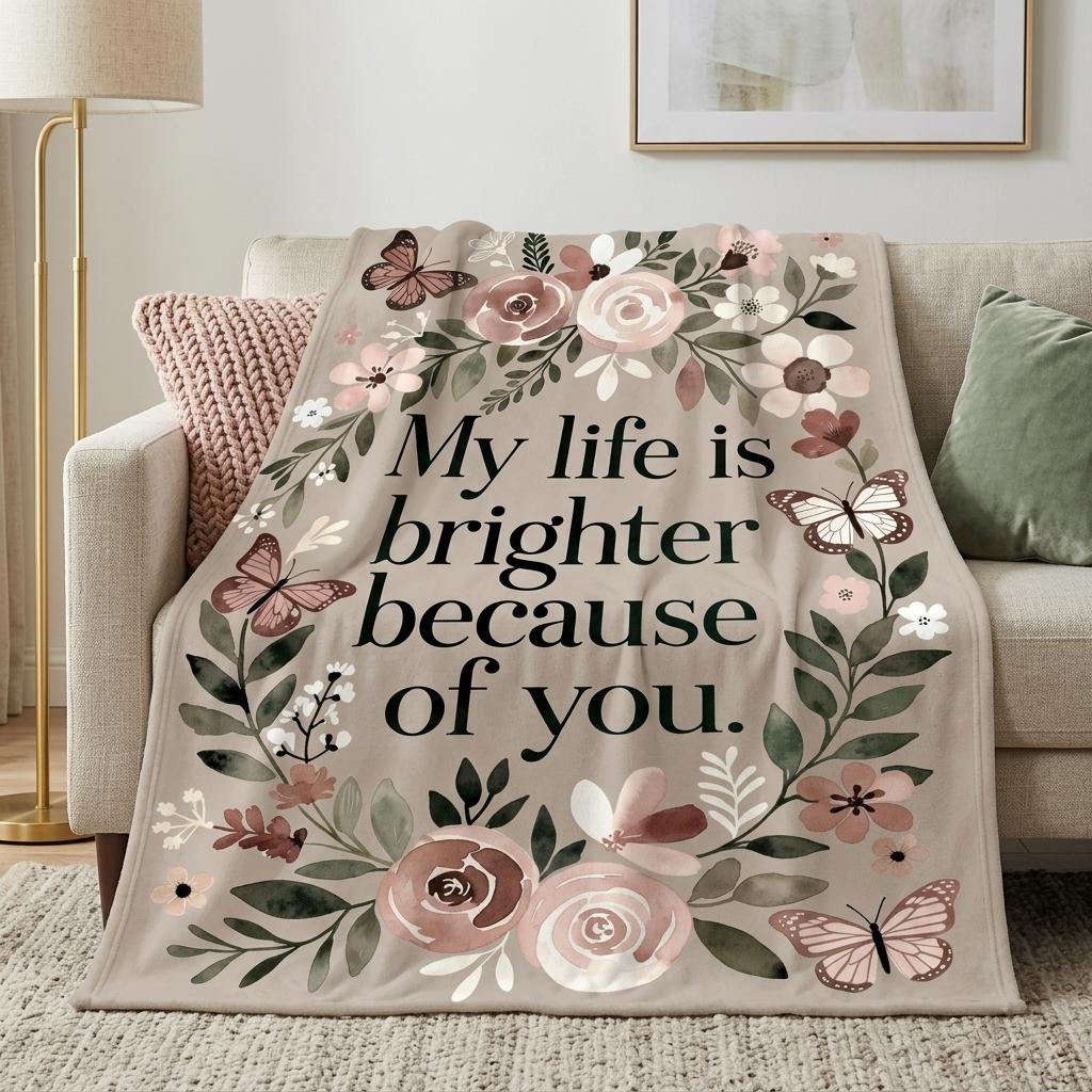 Watercolor Floral & Butterfly Wreath Flannel Throw Blanket, Cozy Romantic Quote Blanket for Bedroom & Living Room Size: 75*100cm, Weight: 230 GSM