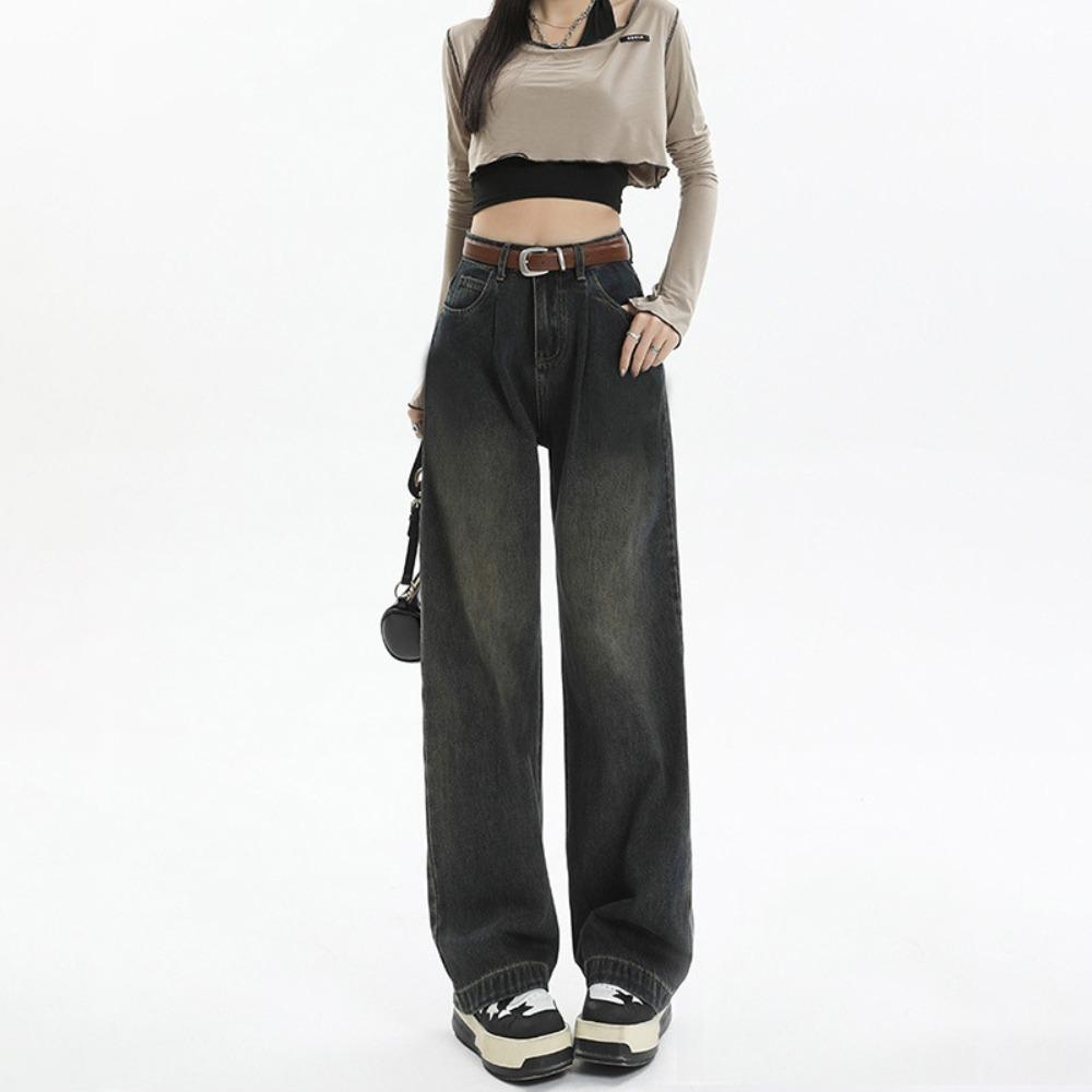 Autumn New American Retro Old Trendy Women's High Waist Loose Pleated Thin Straight Wide-leg Jeans