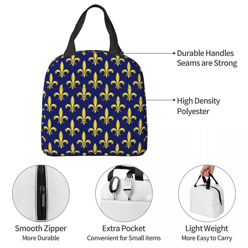 Gold Blue Fleur De Lis Royal Lily Insulated Lunch Bag for Women Kids Leakproof Food Boxes Thermal Lunch Box Tote