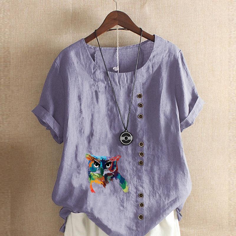 Women's Fashion Round Neck Short Sleeve T-shirt Casual Cotton Linen Graphic Shirt Leisure Owl Prined Summer Blouse Tops