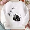 Kids Crewneck Sweatshirt, Cute Halloween Haunted House Flying Bats Graphic Print