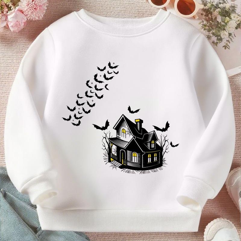Kids Crewneck Sweatshirt, Cute Halloween Haunted House Flying Bats Graphic Print