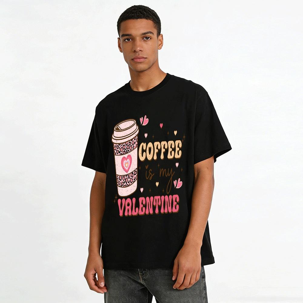 Coffee Is My Valentine Leopard Print Coffee Cup Graphic Tee Pure cotton T-shirt