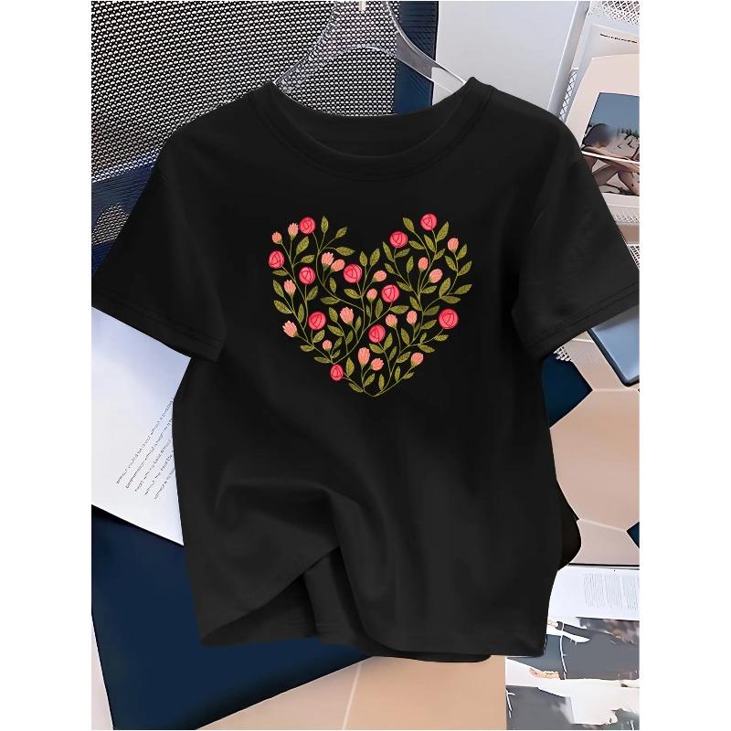 Casual Loose Round Neck T-Shirt for Women Featuring a Floral Heart Print, Suitable for Japanese And Korean Fashion Styles