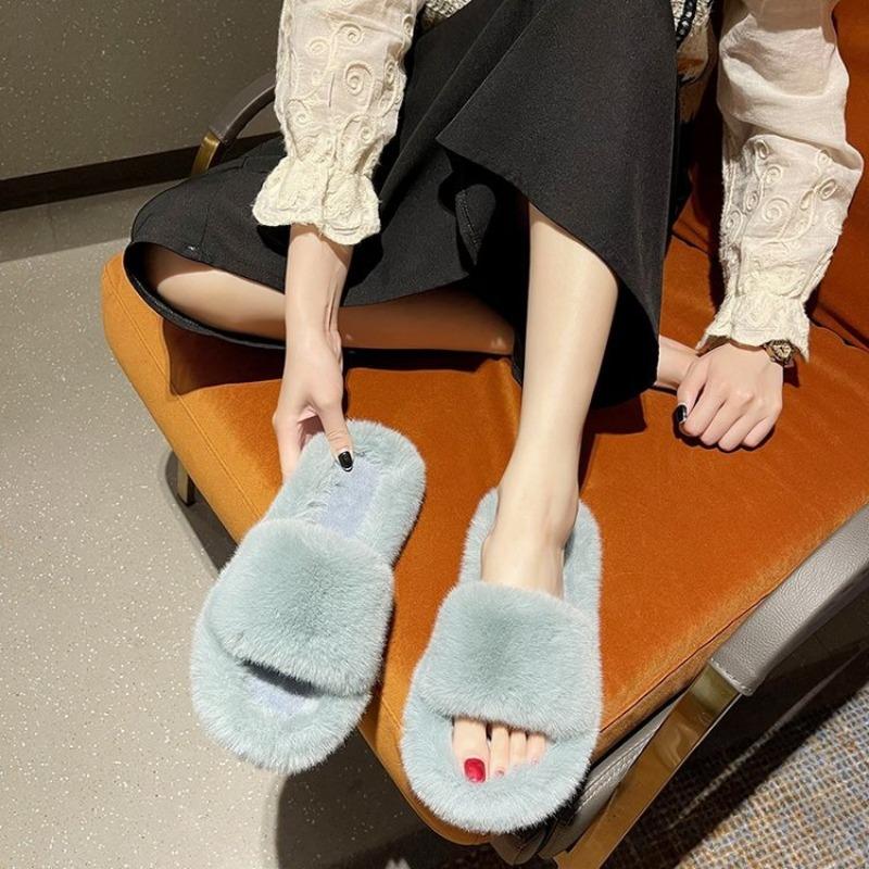 Women's Fur Slippers Winter Outdoor Wear Thick-soled Indoor Lazy Flat-soled Plush Home Cotton Slippers