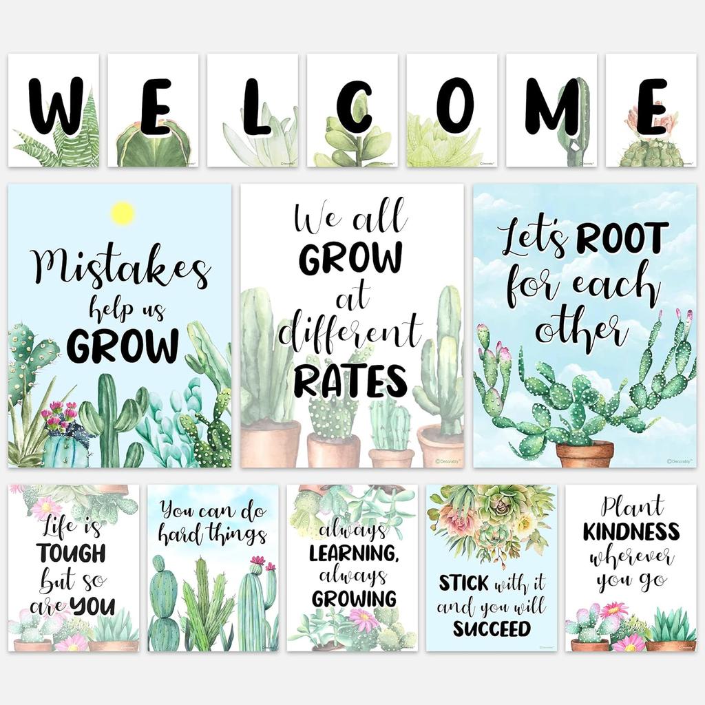 Decorably 15 Chalkboard Welcome Back to School Bulletin Board Decorations, pirational, Matte-Laminated Posters - for Classroom, School Hallways