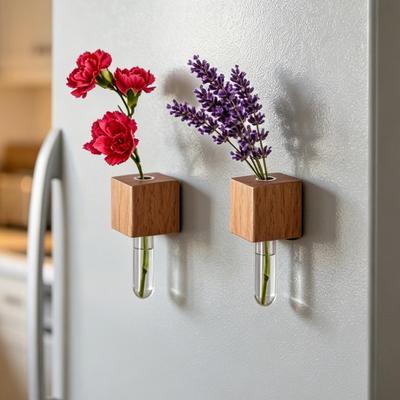 Magnet Vases for Refrigerator Wood Rustic Propagation Station Mini Wall Magnet Planters for Home Kitchen Bedroom Desktop Cabinet