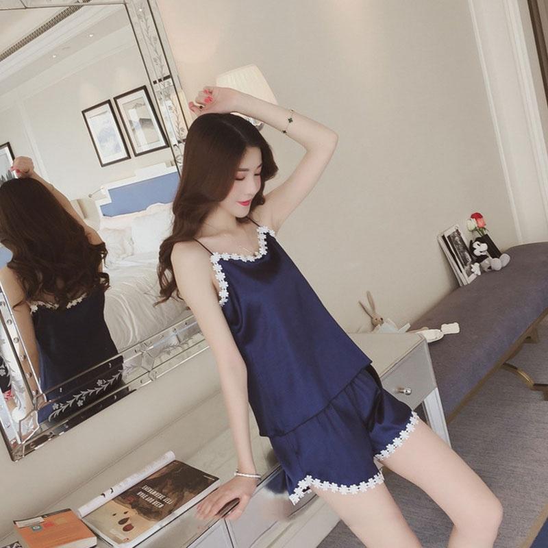 Summer Women 2 PCs Silk Sleeveless Sling Nightwear Casual Pajamas Set