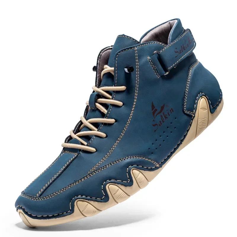 Handmade men's retro leather boots, fashionable designer shoes, outdoor boots, men's walking shoes, men's breathable boots