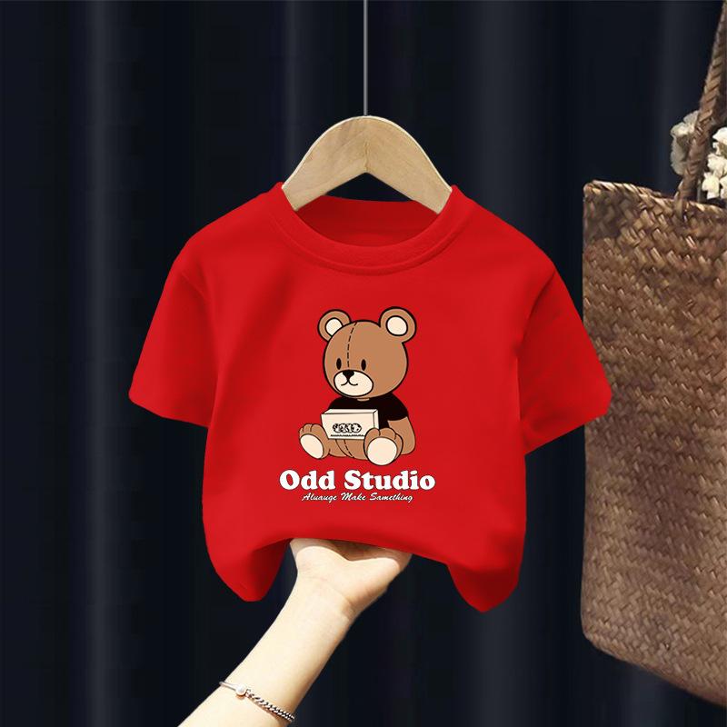 Cute Teddy Bear Printed Baby Tshirt round Neck ShortSleeved Unisex Summer Top Fashionable Polyester Fabric for Boys And Girls 110