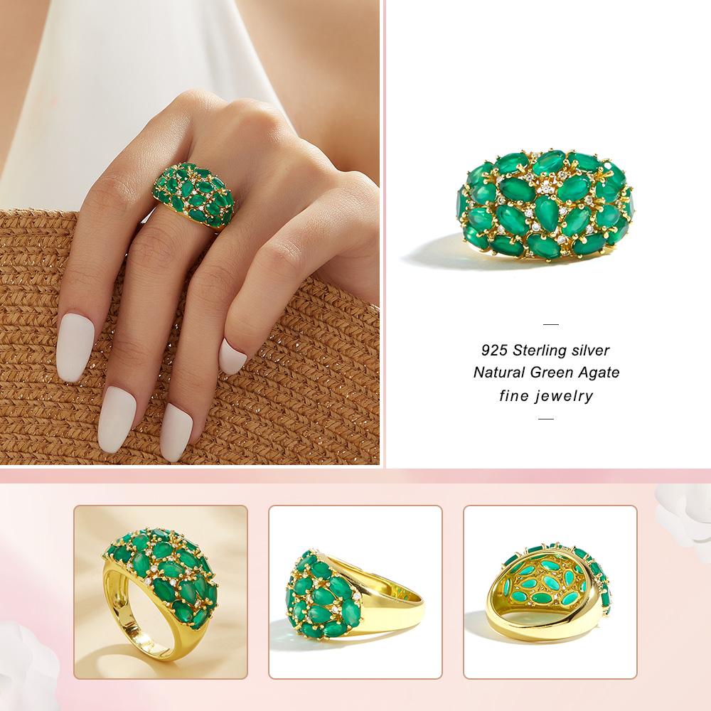 Big 925 Sterling  Silver Ring Natural Green Agate Gemstone Fashion Jewelry Yellow White Color for Women Engagement,Dating & Party Gift