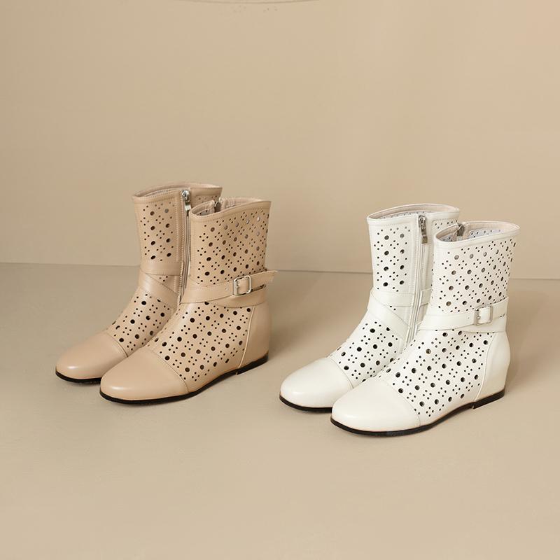 Fashion Women's new leather and cowhide round toe boots with spring and autumn height increase and calf mid heel plus size short boots