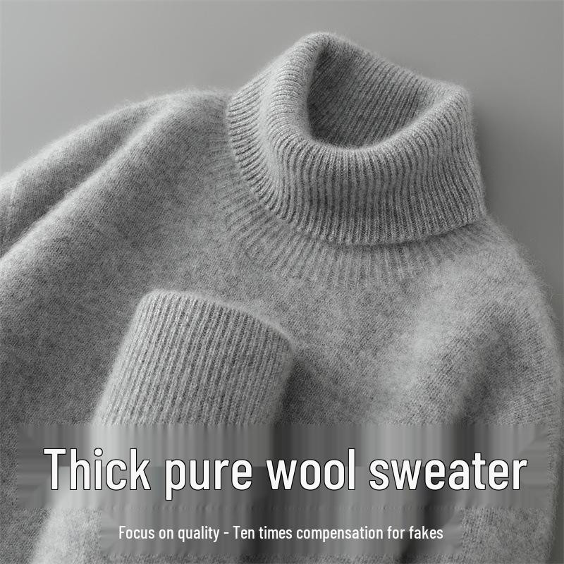 Men's High-Neck 100% Pure Wool Sweater: Thick Long-Sleeve Pullover for Autumn/Winter, Loose Fit Knitted Base Layer.