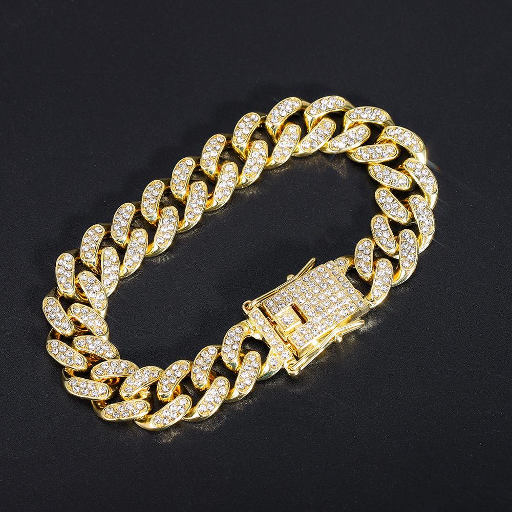 New Hip Hop Shiny Cuban Link Chain Bracelet Women Men Gold Color Rhinestone Iced Out Chain Bracelets Punk Wristband Jewelry Gift