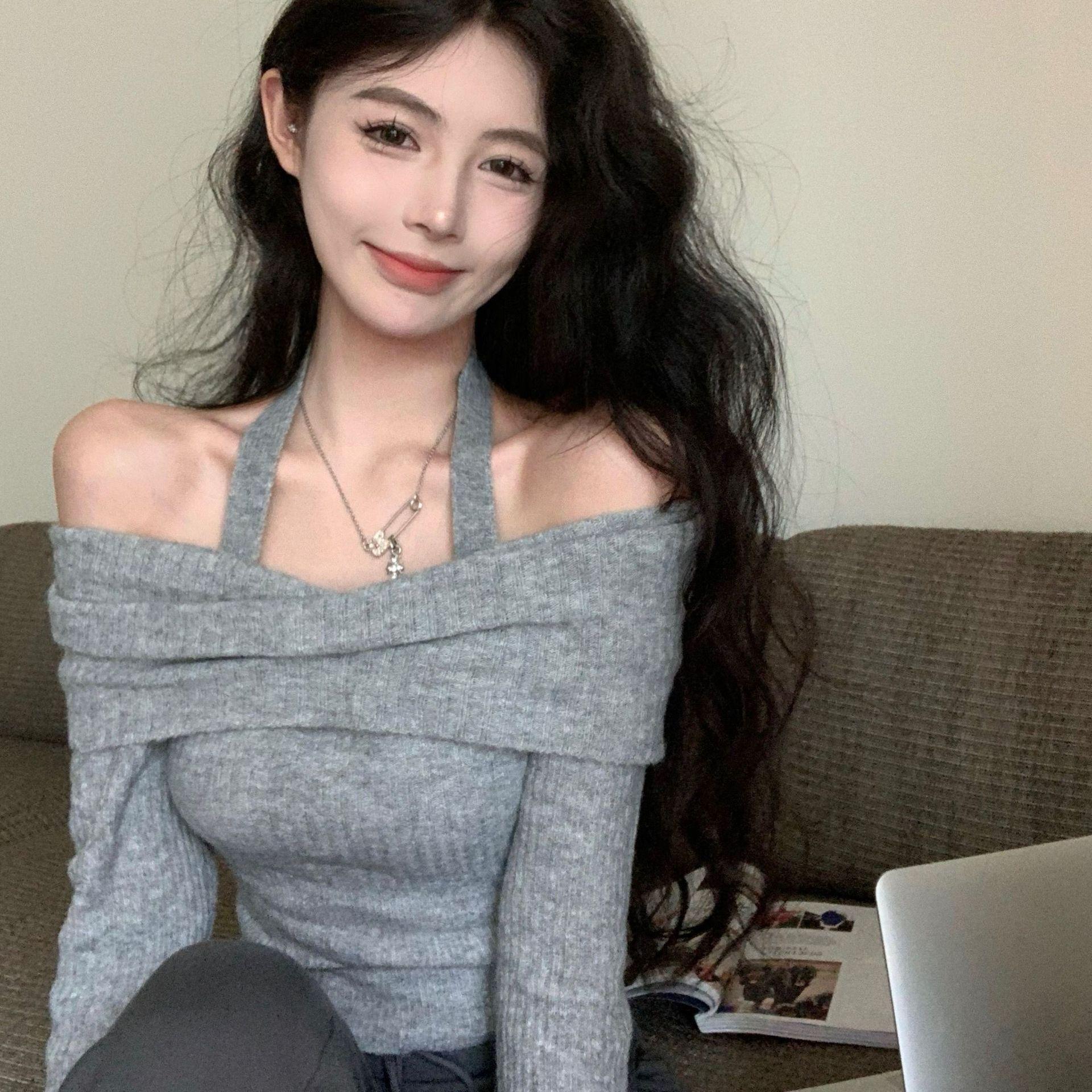 

Чистый и Сексуальный Вязаный Топ-Холтер с Открытыми Плечами - Женская Осенне-Зимняя Базовая Рубашка с Длинным Рукавом One Size серый