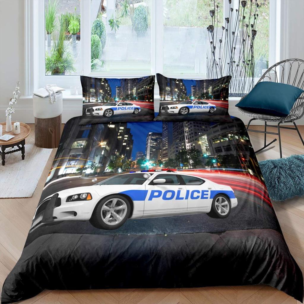 Police Car Duvet Cover Set Boys Cartoon Car Bedding Sets Full Size, Emergency Responder Vehicles Comforter Cover Set Blue Grey